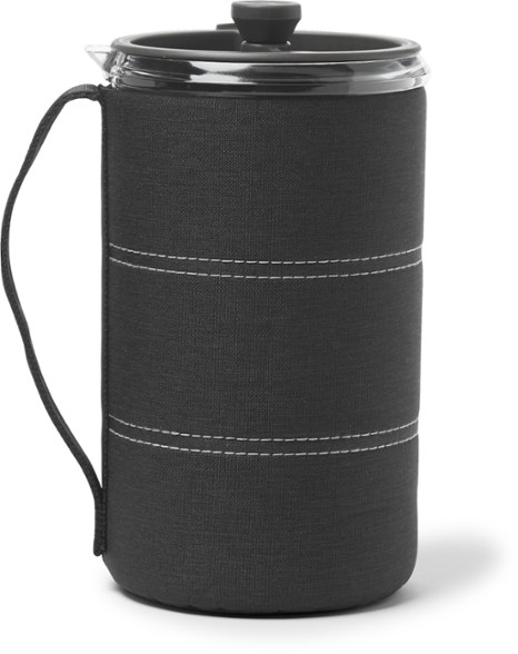 Top view of the TrailBrew UltraPress brewing coffee in a rugged campsite