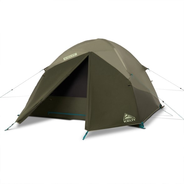 Kelty Daydreamer 4P tent set up in a campsite, highlighting its spacious interior and blackout fabric.