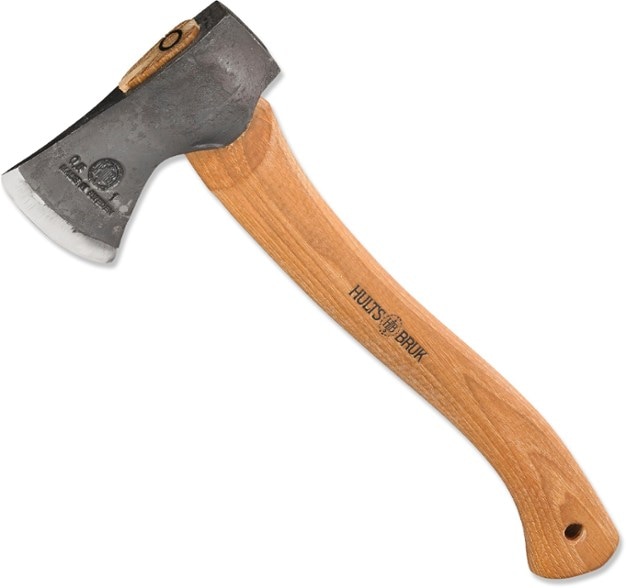 Almike camping axe showcasing the hand-forged head and hickory handle.