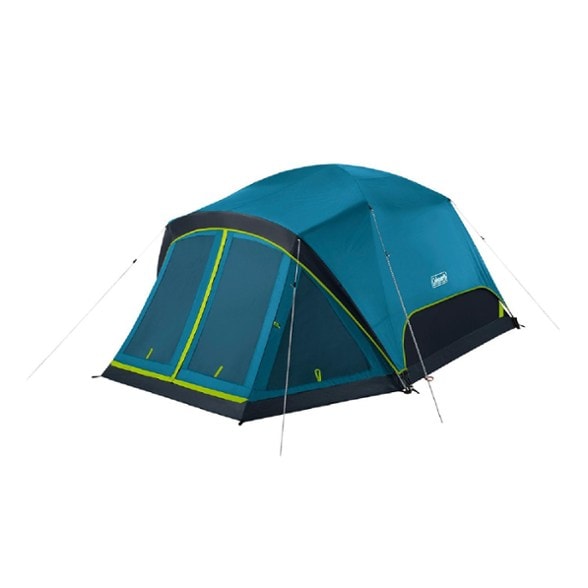Front angle of Coleman screen room tent showing full mesh lounge area and zippered dark room interior.