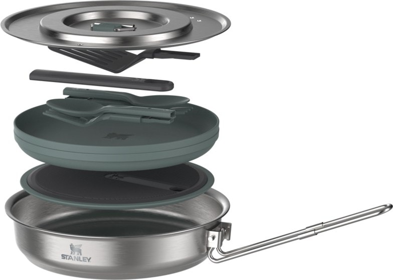 Stainless steel fry pan with fold-and-lock handle, ideal for camping meals.