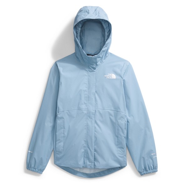 Front view of girls rain jacket with breathable fabric and attached hood