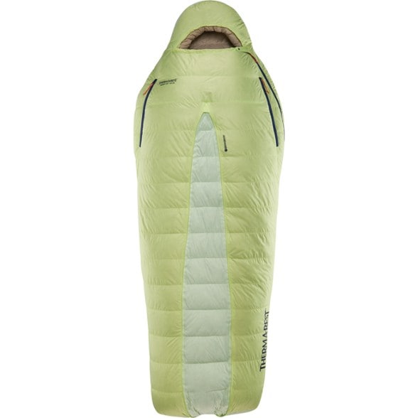 Therm-a-Rest Boost 650 sleeping bag in a tent, demonstrating its cozy interior and semirectangular shape.