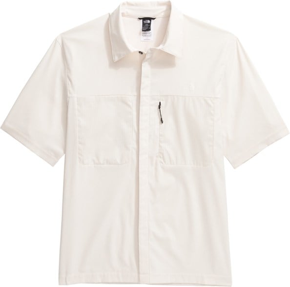 Front view of the men's hiking shirt with UPF protection and snap collar—ideal for trail or travel.