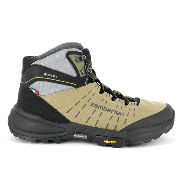 Side view of Zamberlan Circe GTX women's hiking boots on a rocky trail, highlighting their sturdy design.