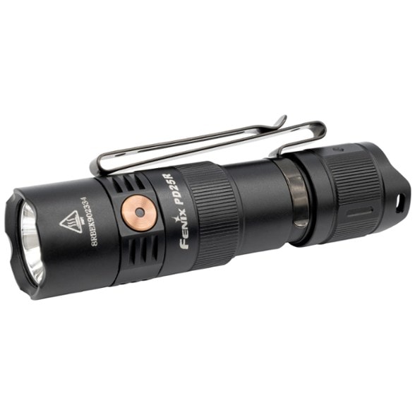 Fenix PD25R waterproof flashlight illuminating a campsite at night