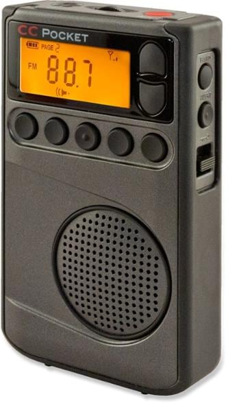 Front view of compact noaa weather radio with alarm showing digital display and controls