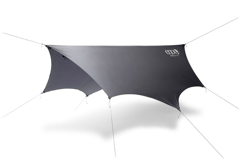 ENO DryFly rain tarp stretched taut over hammock during light rain, showcasing full coverage and waterproof material
