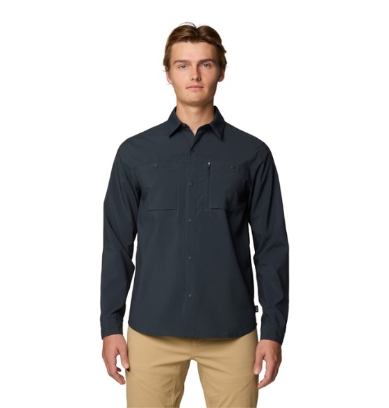 Front view of men's hiking shirt with long sleeves, featuring snap buttons and sun protective fabric