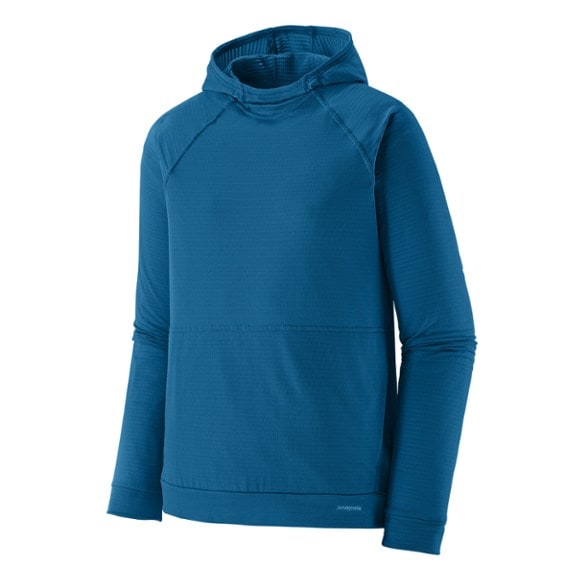 Front view of Patagonia Men's Thermal Performance Hoodie, showcasing its sleek design and color.