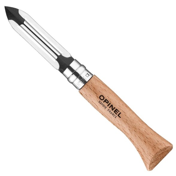 Opinel Pocket Folding Vegetable Peeler with beechwood handle, perfect for camping meals.