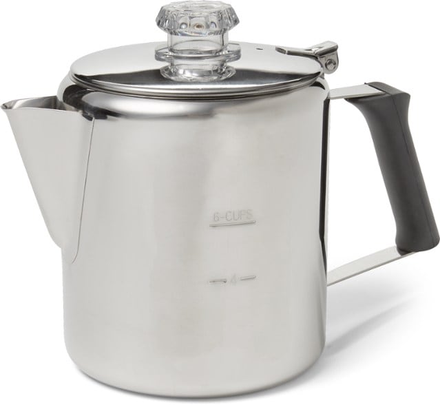 Glacier 6-Cup Stainless Steel Percolator in action over a campfire, showcasing its sleek design and durable build.