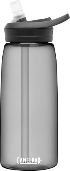 Side view of reusable CamelBak water bottle showing straw lid and carry handle.