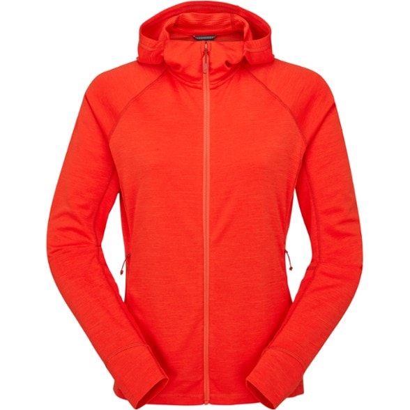 EcoLite Women's Climbing Hoody in vibrant color on a climber, showcasing the hood and fit.