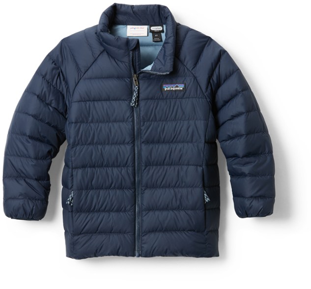 Front view of Patagonia toddler jacket in bright blue with zippered pockets and hood, perfect winter coat for toddlers