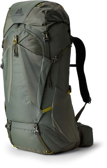Front angle of Gregory Zulu 65 showing top loading design and ventilated back panel – men's hiking pack
