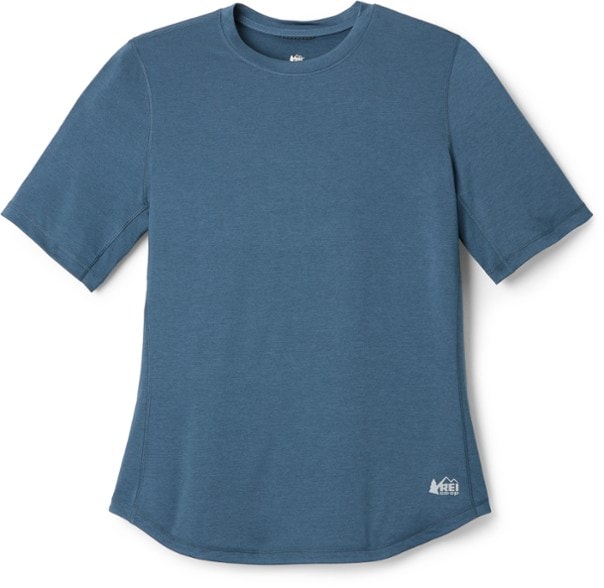 Front view of the eco-friendly women's lightweight base layer top, showcasing its soft fabric and stylish design.