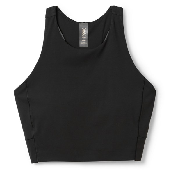 Front view of the women's sports bra in black showing the tank-style straps and sleek fit