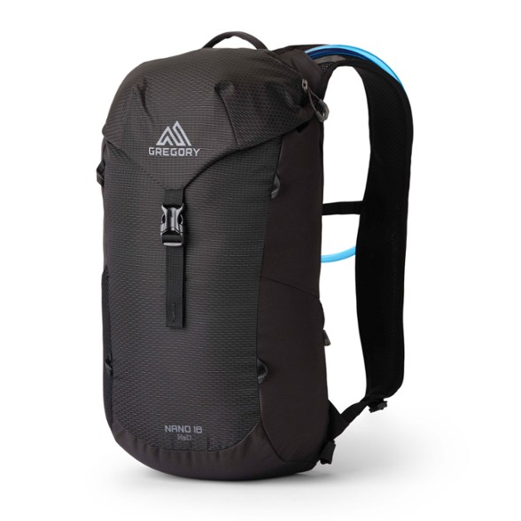 Gregory Plus Size Nano 18 H2O hydration backpack shown with water reservoir and gear, ideal for hiking trips.