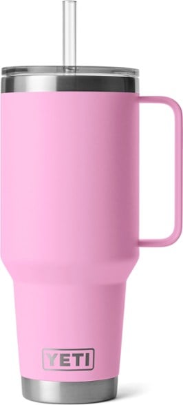 YETI Rambler insulated tumbler in natural light, showcasing its stainless steel finish and straw lid.