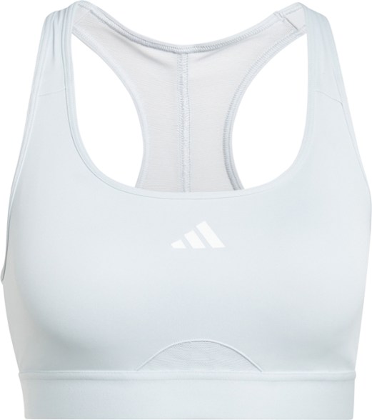 Adidas PowerReact Medium-Support Sports Bra front view, highlighting breathable fabric.