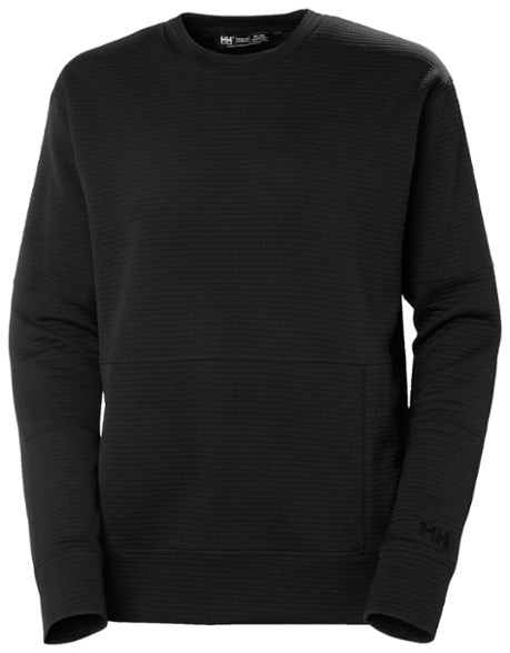 Front view of eco-friendly women's crew neck mid layer top, perfect for outdoor adventures.