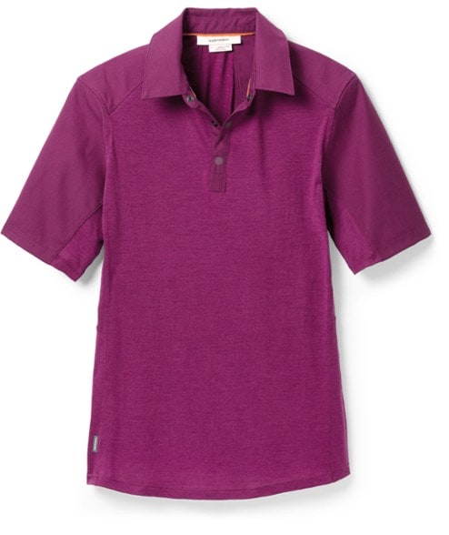 Front view of women's merino wool hiking shirt in outdoor setting