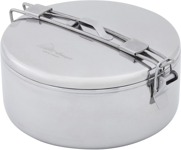 Side view of the Alpine Explorer camping pot showcasing its stainless steel finish