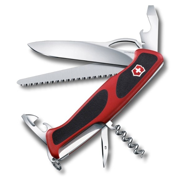 Victorinox Ranger 79 multitool knife with wood saw displayed on a table.