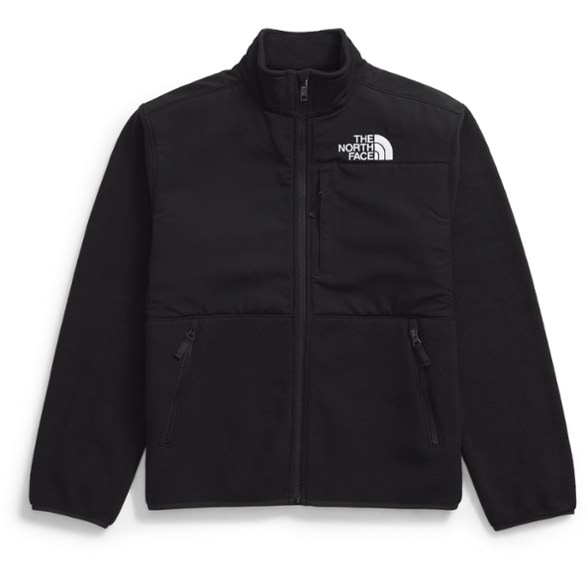 Front view of a child wearing the Denali fleece jacket during a winter hike.