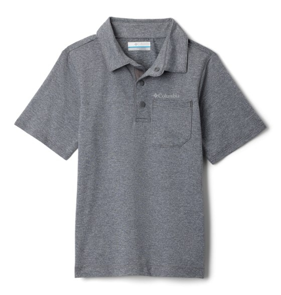 Columbia Kids' Tech Trail Polo Shirt displayed outdoors, showcasing its sun-protective features.