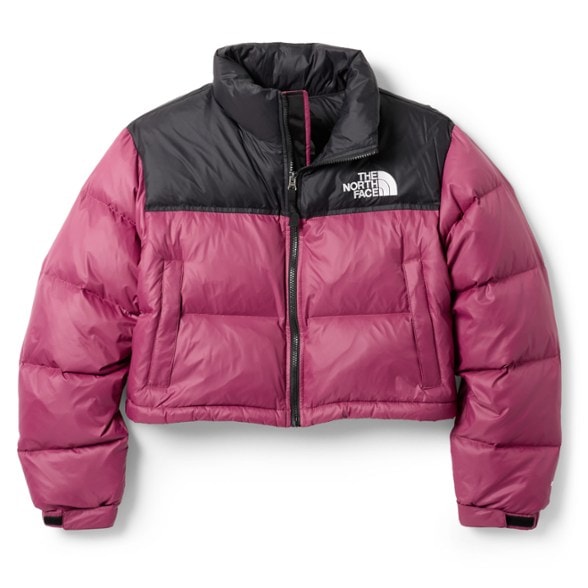 Front view of the North Face Nuptse Cropped Down Jacket for women, showcasing the oversized baffles and shiny fabric.