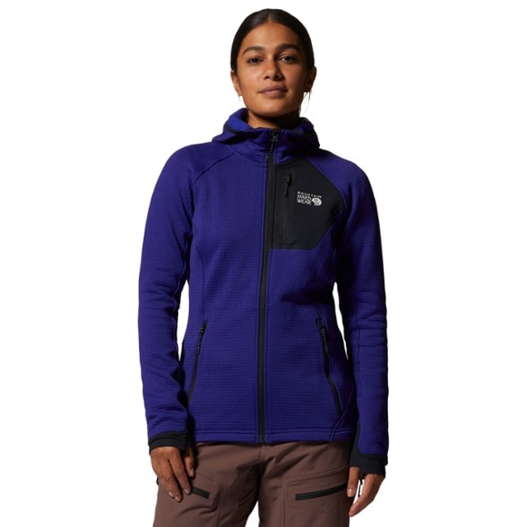 Front view of women's Polartec fleece hoody worn during a ski tour