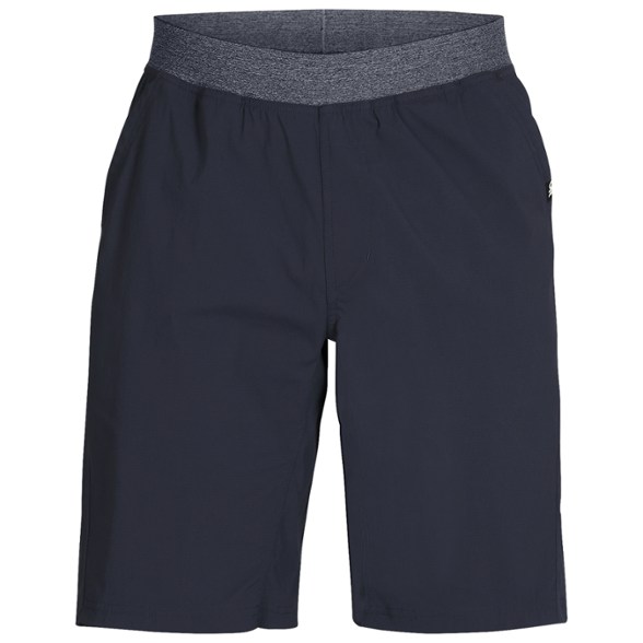 Front view of Zendo TrailFlex men's hiking shorts with UPF sun protection in rocky terrain.
