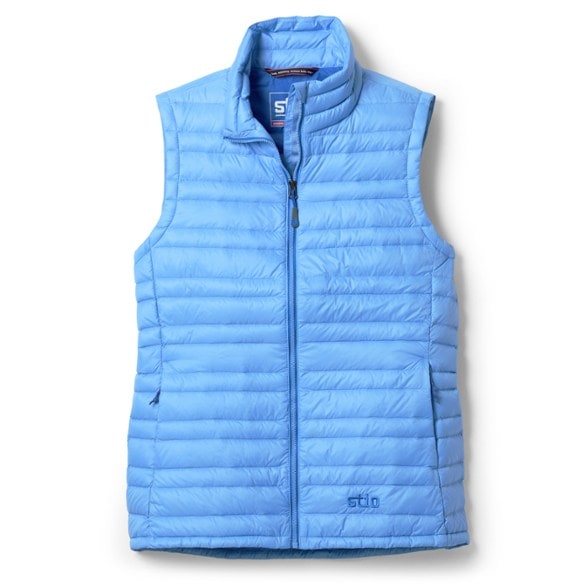 Front view of women's insulated down vest showcasing its stylish design and vibrant color.