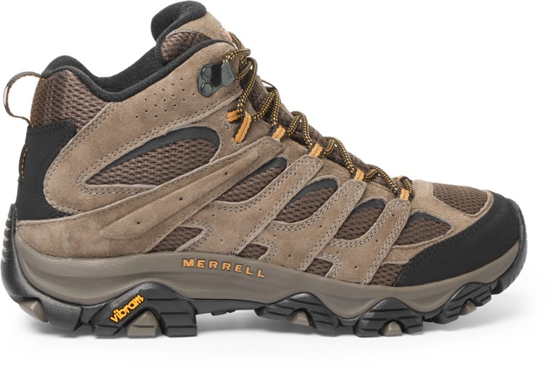 Merrell Moab 3 Mid hiking boots in action on rocky terrain, emphasizing grip and support.