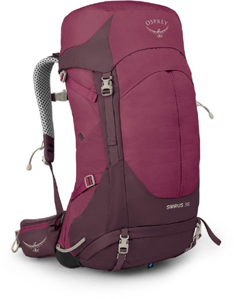 Front view of Sirrus 36 liter backpack showing adjustable straps and hydration compatibility