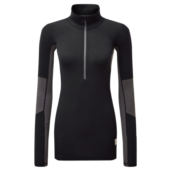 Performance women's merino wool quarter-zip top showcasing ergonomic fit and fabric detail.