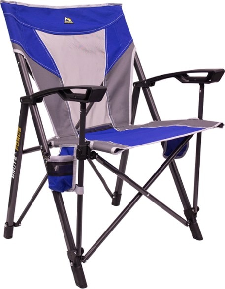 Side view of BruteForce Pro folding camping chair with ergonomic armrests and cup holder