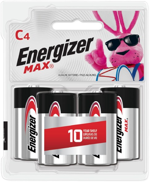 Close-up of Energizer MAX C alkaline batteries in pack of 4 for high-performance devices.