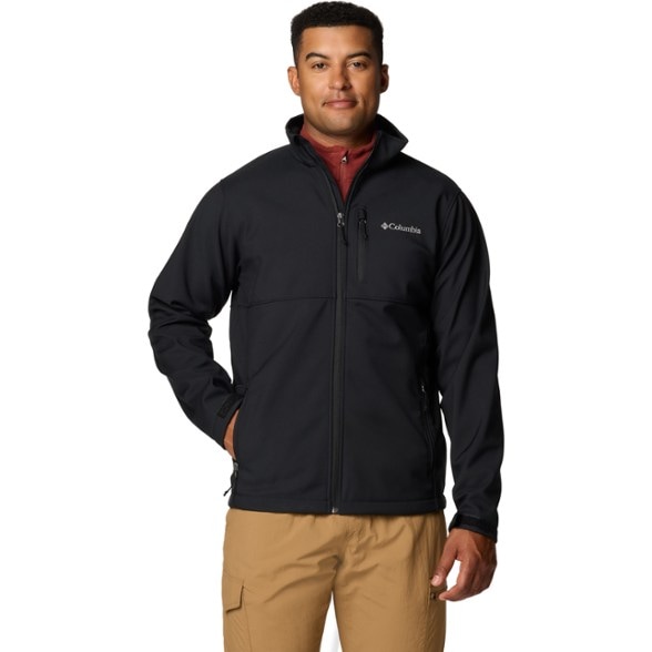 Front view of the Ascender Pro Soft-Shell Jacket for men, showcasing its stylish design and adjustable cuffs.