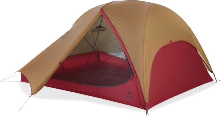 Front view of the MSR FreeLite 3 tent set up in a forest.