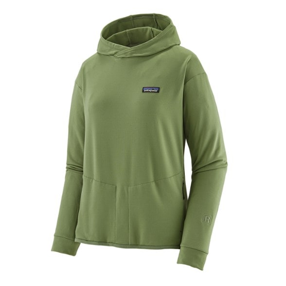 View of Patagonia women's cold weather layering hoodie from the front, showcasing the durable outer fabric.
