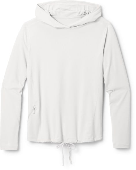 Front view of the lightweight women's performance hoody, showcasing the full hood and thumbholes.