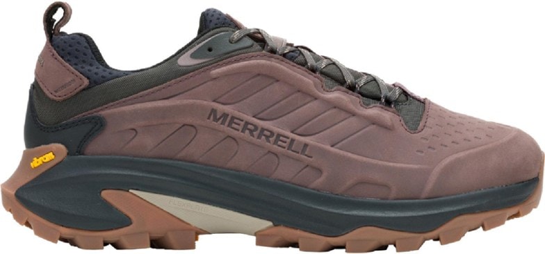Side view of Merrell Moab Speed 2 waterproof hiking shoes on rocky terrain.