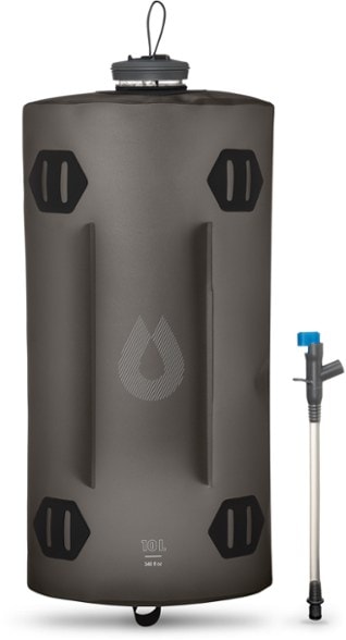 HydraPak Seeker 10L water storage bag filled with water at a campsite.