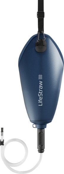 Front view of LifeStraw PeakFlow gravity water filter hanging at a campsite