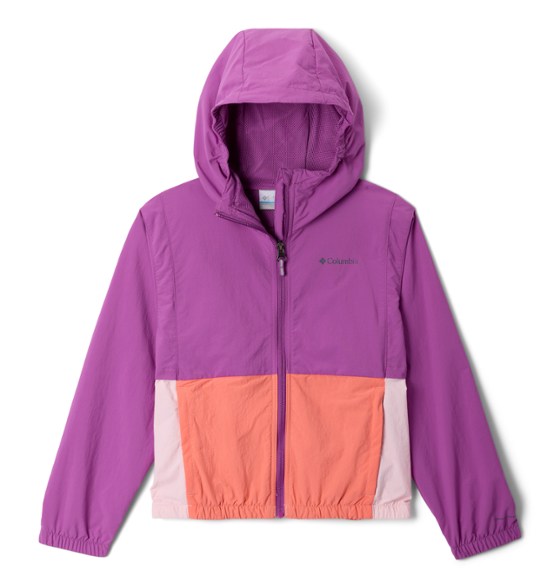 Tabor Trail Girls' Windbreaker jacket in action outdoors, showcasing its breathable fabric and stylish design.