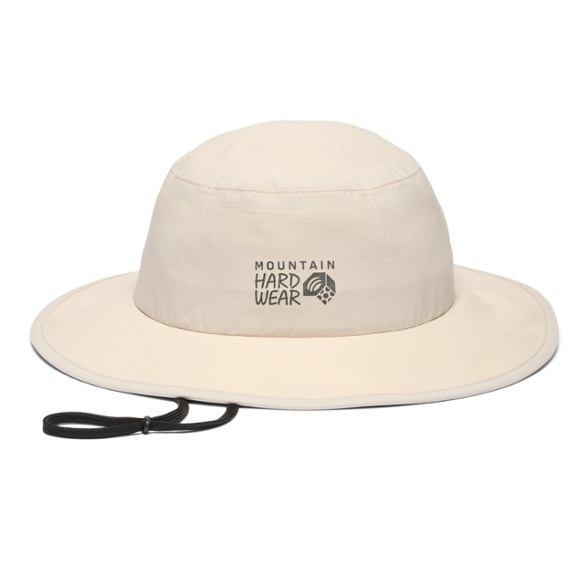 Mountain Hardwear waterproof hiking hat showcasing its breathable fabric and chin cinch.