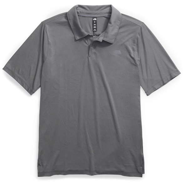 Front view of men's moisture-wicking polo shirt with stand-up collar in outdoor setting